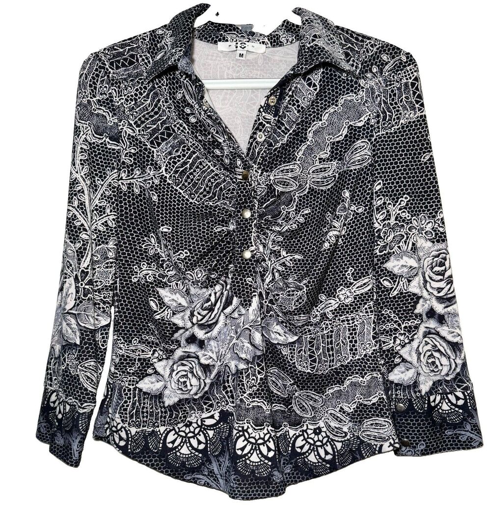 IQ Paris Women’s Medium Black White Floral Lace Print Ruched Snap Front Blouse